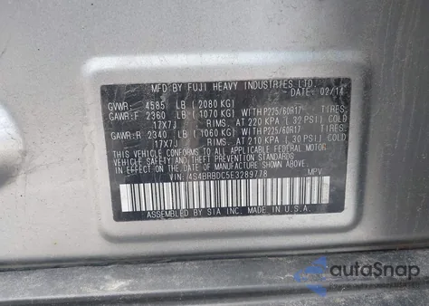 2014 Subaru Outback 2.5I Premium from USA, damaged, VIN 4S4BRBDC5E3289778